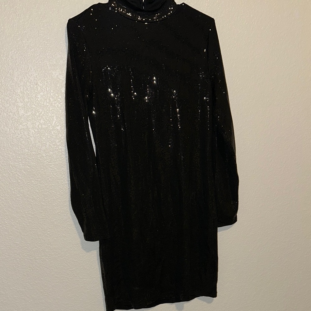 Black Sequin Sheath Dress with Bishop Sleeves
